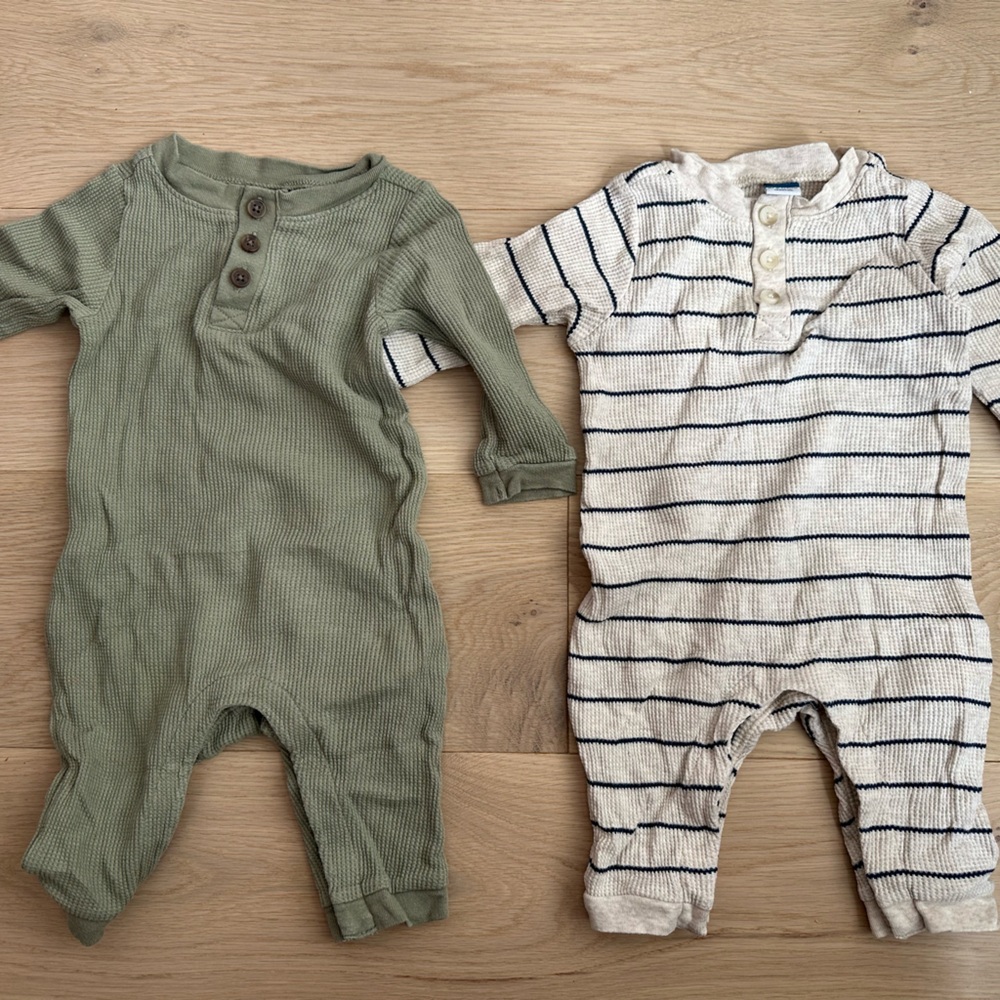 Old Navy Olive Green & Cream-Navy Striped Waffle Baby Romper